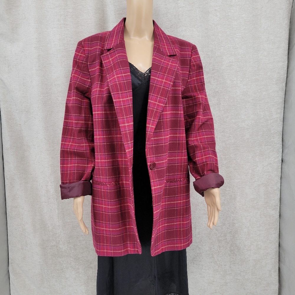 Women's Raspberry Plaid Single-Button Blazer Jacket - Picture 15 of 15